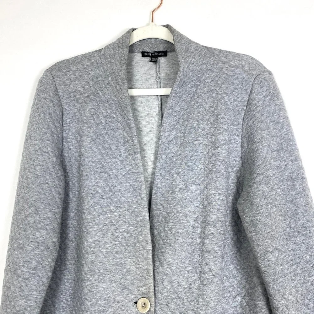 Eileen Fisher One Button Quilted Jacket Cardigan Sweater Grey - Picture 2 of 10